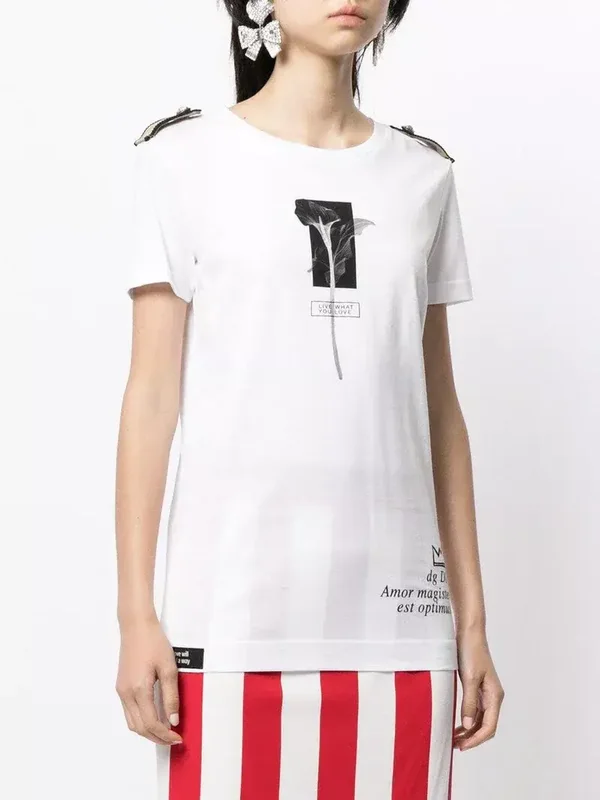 Dolce & Gabbana White T-Shirt with Black Roses Amore