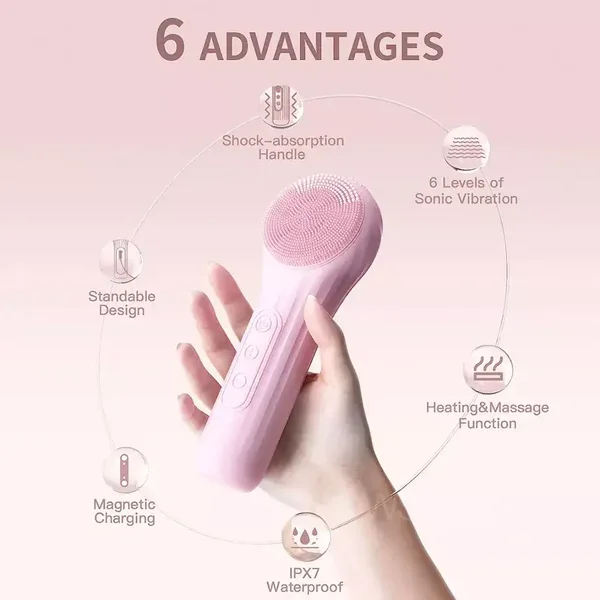 Waterproof Sonic Facial Cleansing Brush with Heating Massage & Exfoliation