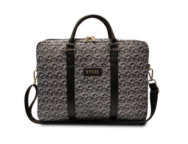 Guess 16 Inch PU Leather Laptop and Tablet Bag - G-Cube Stripes - Black