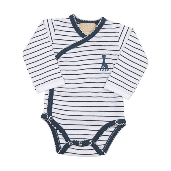 Sophie de giraf overslag romper wit met blauwe streep met sierrandje 3M-60cm