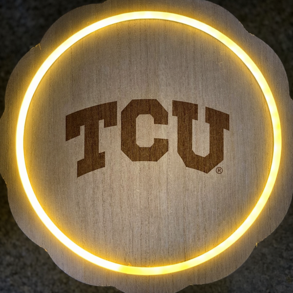 Texas Christian Horned Frogs, laser engraved, LED plaque