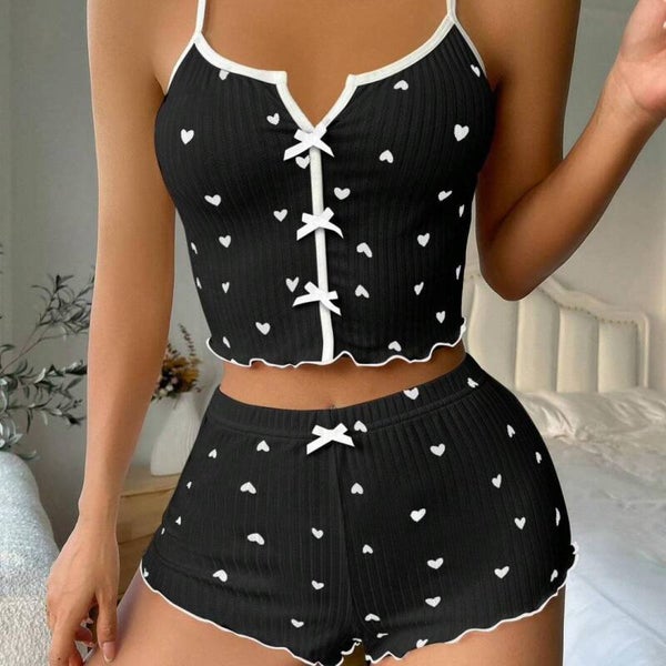 Black women's casual sleeveless slit spring/summer pyjamas/camisole set
