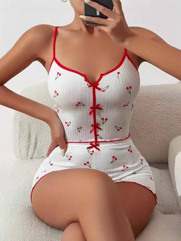 White & Pink women's casual sleeveless slit spring/summer pyjamas/camisole set