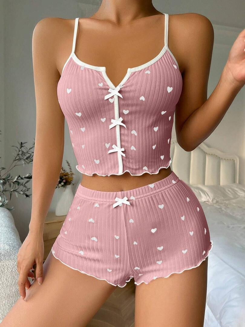 Pink women's casual sleeveless slit spring/summer pyjamas/camisole set