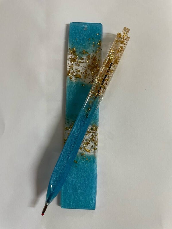 Epoxy | Set Pen & Boekenlegger Blauw/Blank/Bladgoud