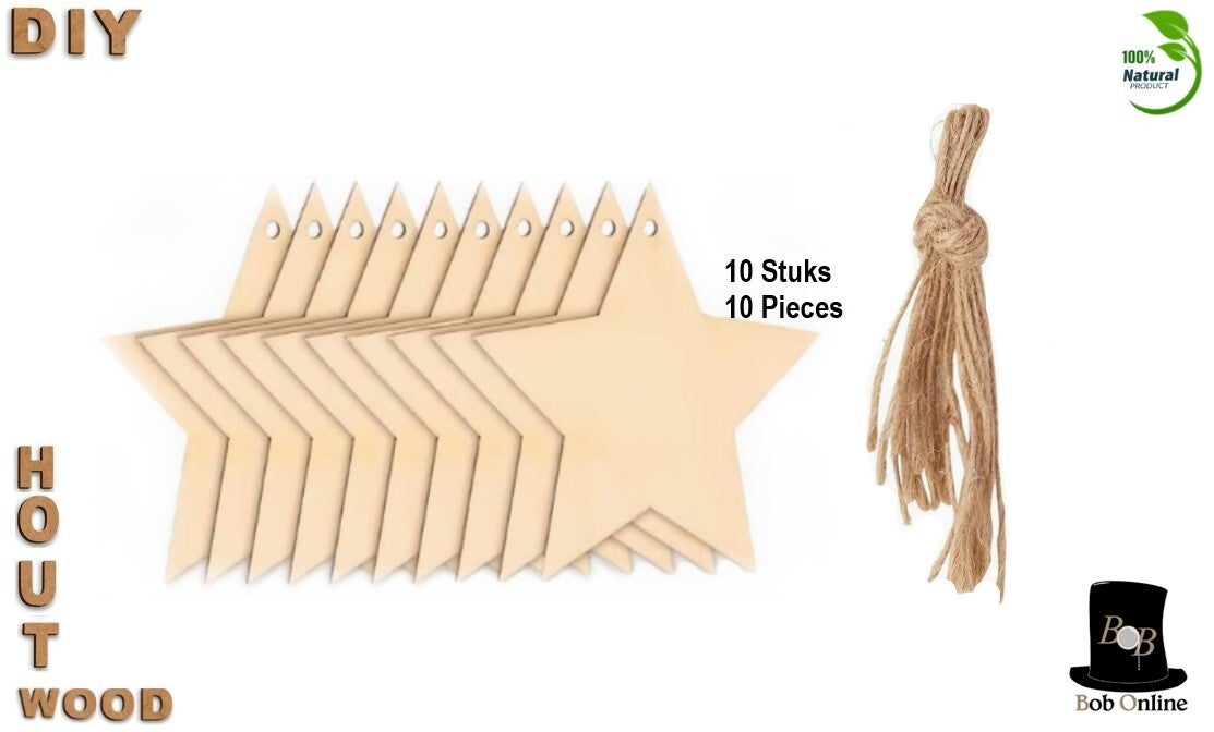 Bob Online™ - 10 Stuks – Houten Ster Vormen – Kerstversiering Sterren – Houten Ster Schijven – 8cm x 8cm