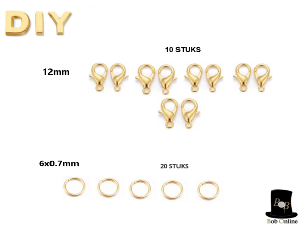 Bob Online ™ - 10 Stuks – Goudkleurige – 12 mm – Karabijnsluitingen + 20 Stuks – Buigringen 0.7*6 mm