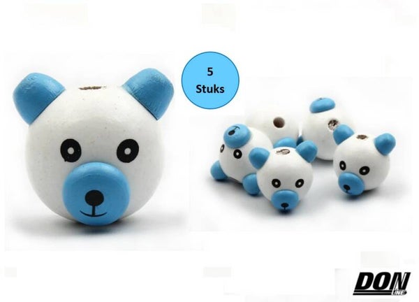 Blauw 3D Beer Houten Kralen 3cm met 5mm Gaatje – 5 Stuks