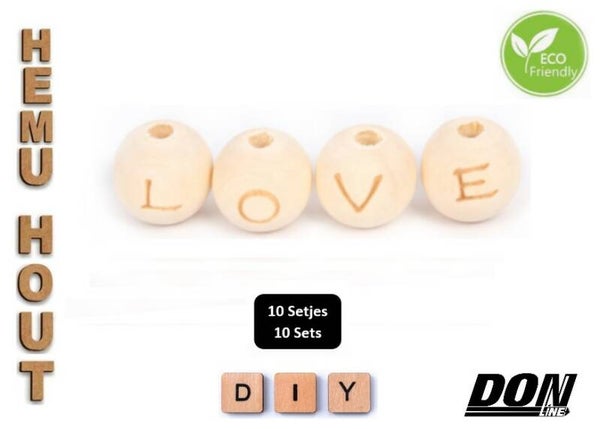 10 Setjes – LOVE – Lazer Gegraveerd Ronde Houten Kralen 14mm met ca. 3mm Gaatje