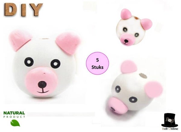 Roze 3D Beer Houten Kralen – 5 Stuks