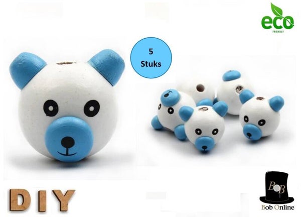 Blauw 3D Beer Houten Kralen  – 5 Stuks