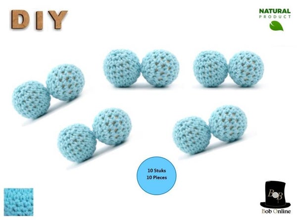 16mm Ronde Gehaakte Houten Kralen - Licht Blauw - 10 Stuks