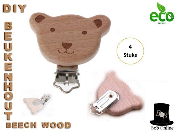 4 Stuks - Houten Speenkoord/Wagenspanner Clip Beer