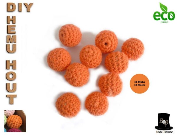 10 Stuks - Oranje - Ronde Gehaakte DIY Houten Kralen 20mm met 4mm gaatje