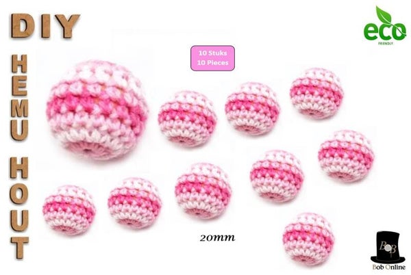 10 Stuks – Veelkleurig Roze/Wit - 20mm Ronde Gehaakte Houten Kralen met ca. 4mm Gaatje