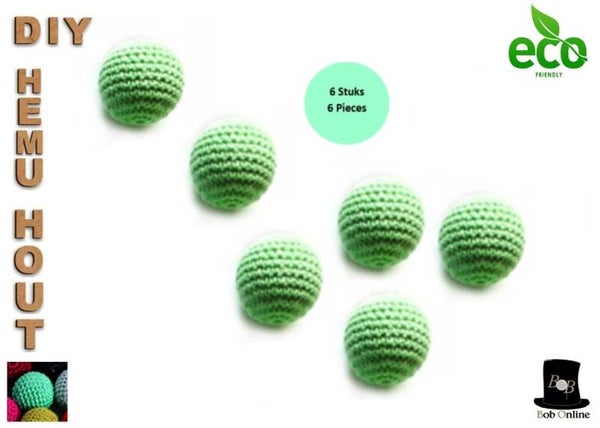 6 Stuks - 30mm Groot Ronde Gehaakte Houten Kralen met 7mm Gaatje – Licht Groen