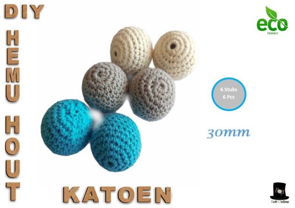 6 Stuks Mix - Gehaakte Houten Kralen 30mm - Blauw/Grijs/Gebroken Wit