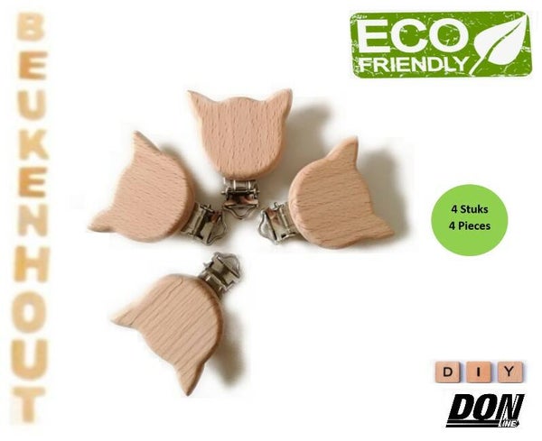 4 Stuks - Kat Beukenhout Speenkoord Clips 40mm Blanco
