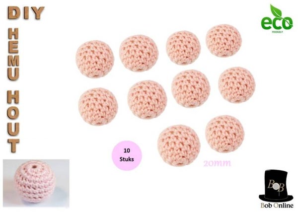 10 Stuks - Licht Roze Ronde Gehaakte DIY Houten Kralen 20mm met 4mm gatje