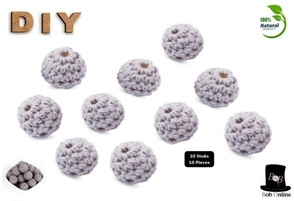 16mm Ronde Gehaakte Houten Kralen - Grijs - 10 Stuks