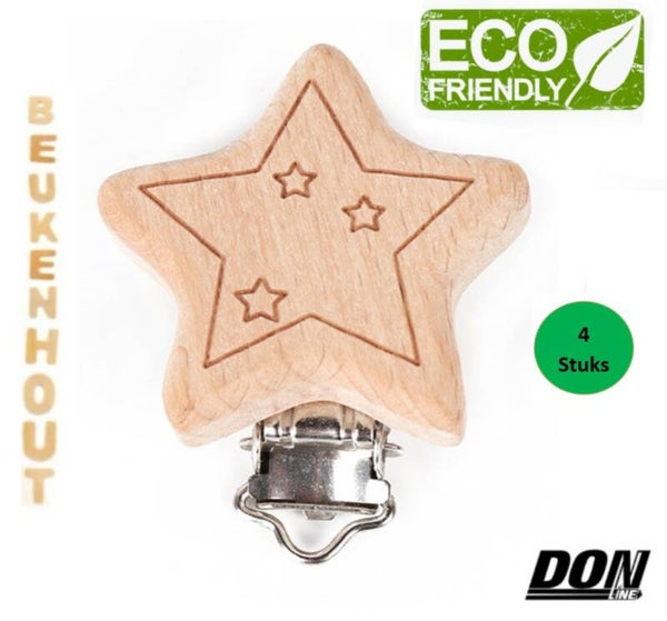 4 Stuks - Houten Speenkoord/Wagenspanner Clip Ster