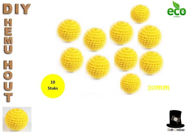 10 Stuks - Geel Ronde Gehaakte DIY Houten Kralen 20mm met 4mm gatje