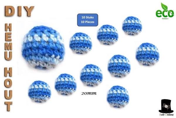 10 Stuks – Veelkleurig Blauw/Wit - 20mm Ronde Gehaakte Houten Kralen met ca. 4mm Gaatje