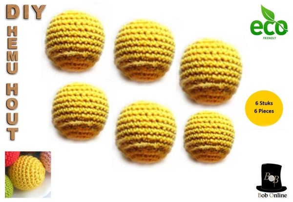 6 Stuks - 30mm Groot Ronde Gehaakte Houten Kralen met 7mm Gaatje – Mosterd