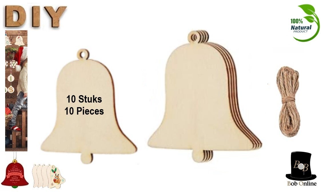 Bob Online™ - 10 Stuks – Houten Knutsel DIY Klok Kersthangers – Inclusief Jutekoord