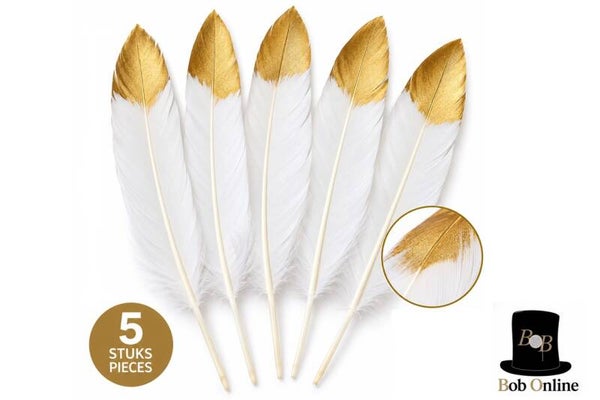 Witte Veren met Gouden Punt – 20 cm – Set van 5