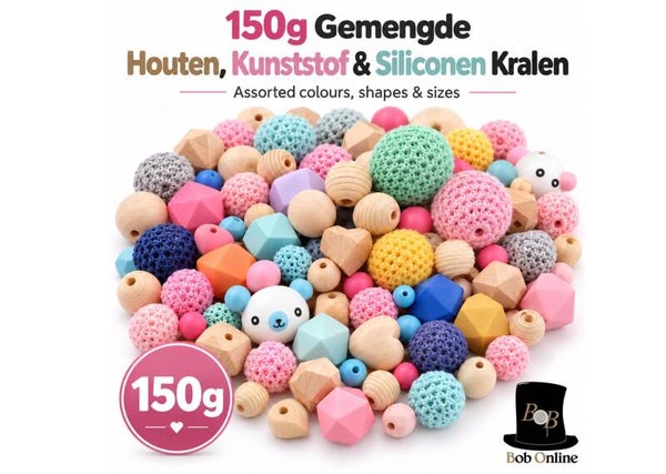 150g Gemengde Kralen Mix – Houten, Kunststof & Siliconen Kralen – Diverse Kleuren, Vormen en Maten
