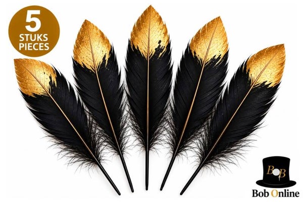 Zwarte Veren met Gouden Punt – 20 cm – 5 Stuks