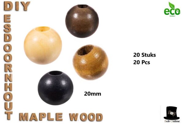 Bob Online ™ - 20 Stuks – 20mm – Mixed Setje (4 Kleuren) - Esdoornhout Ronde Gebeitste Kralen
