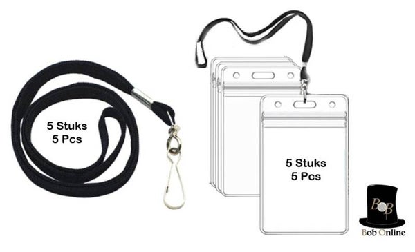 Bob Online ™ - 5 Stuks – Verticaal PVC ID Badgehouders + 5 Stuks Lanyards