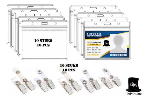 Bob Online ™ - Setjes - 10 Stuks – PVC - Horizontaal ID Badgehouders + 10 Stuks Alligator Bretel Bandjes
