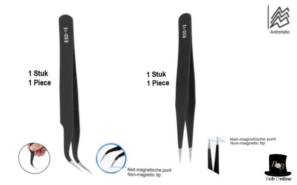 2 Stuks – 1 x Gebogen Puntjes & 1 x Rechte Roestvrij Staal Precisie Pincetten