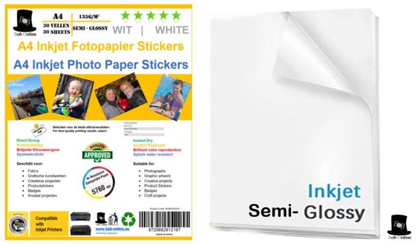 Bob Online ™ - 30 Vellen - A4 135g/m² Inkjet Fotopapier Sticker Semi Glossy - 30 Vellen A4 Etiketten
