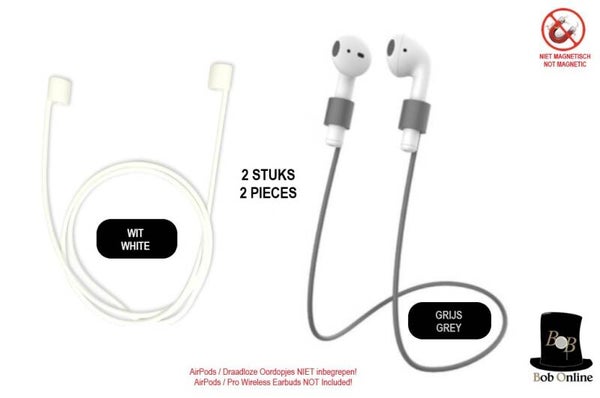 Bob Online™ - 2 Stuks – (1 x Wit & 1 x Grijs) - Earbuds Layard Silicone Strap – Niet Magnetisch Hoofdtelefoon Oordopjes Lanyard (AirPods)