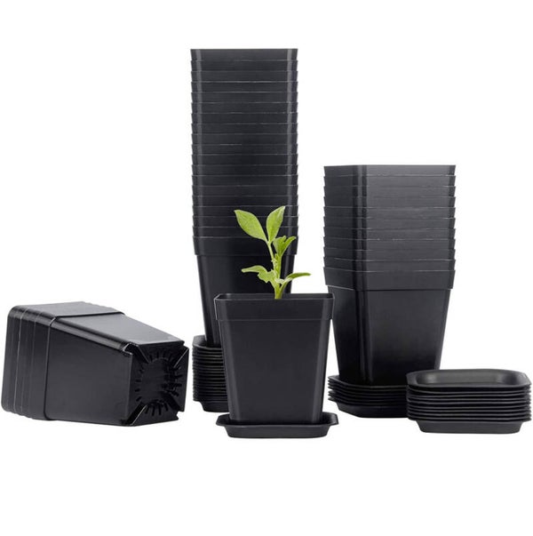Mhonniwa Plastic Square Nursery Pots 3 Inch Plant Seed Starting Pots with Drainage Hole and Saucers for Seedling, Black