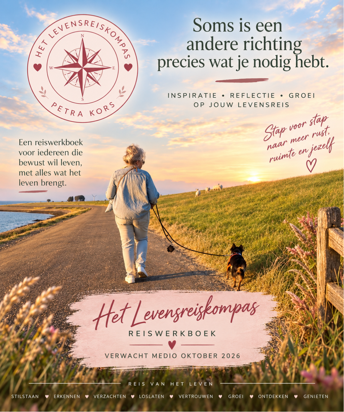 Petra Kors wandelt met hond Sjaan als sneak preview van Het Levensreiskompas, een reiswerkboek over persoonlijke groei, verlies, veerkracht en bewust leven.
