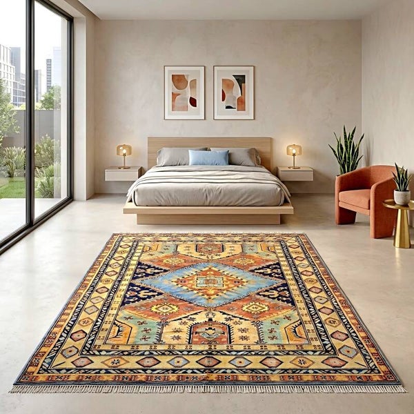 Tapis Kazak claire multicolore 199x149 noué à main en laine