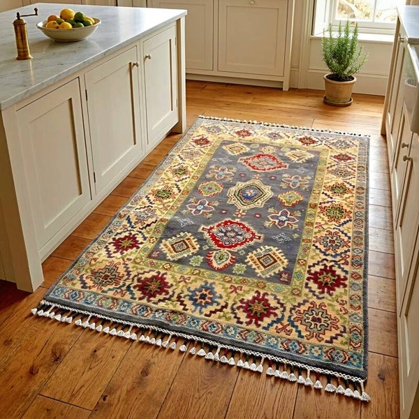 Tapis Kazak gris 152x103cm noué à main en laine