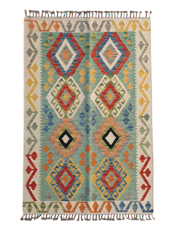 Tapis Kilim Aqcha 154x102 multicolore géométriques Tissé en laine