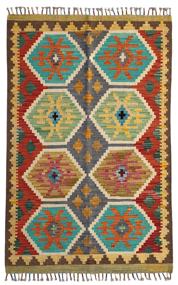 Tapis Kilim Afghan 155x100 géométriques old style multicolore tissé en laine