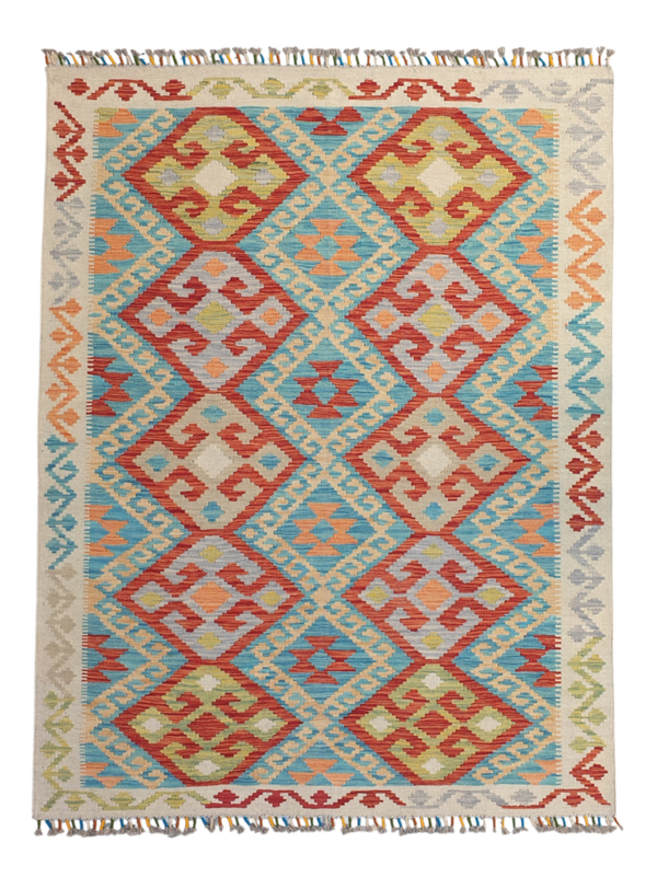Tapis Kilim Géométrique 210x153 multicolore tissé en laine