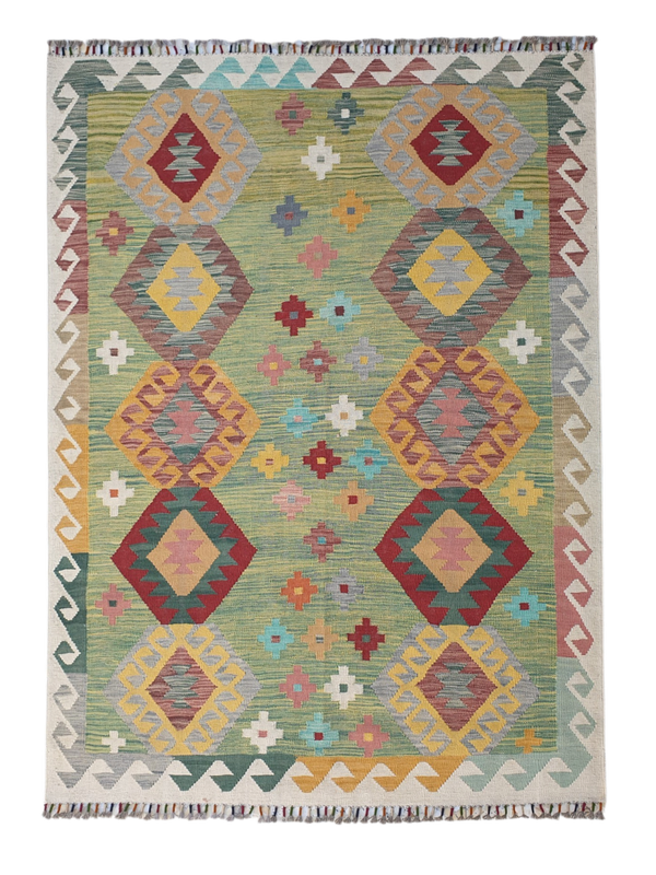 Tapis Kilim Géométriques 206x149 multicolore tissé en laine