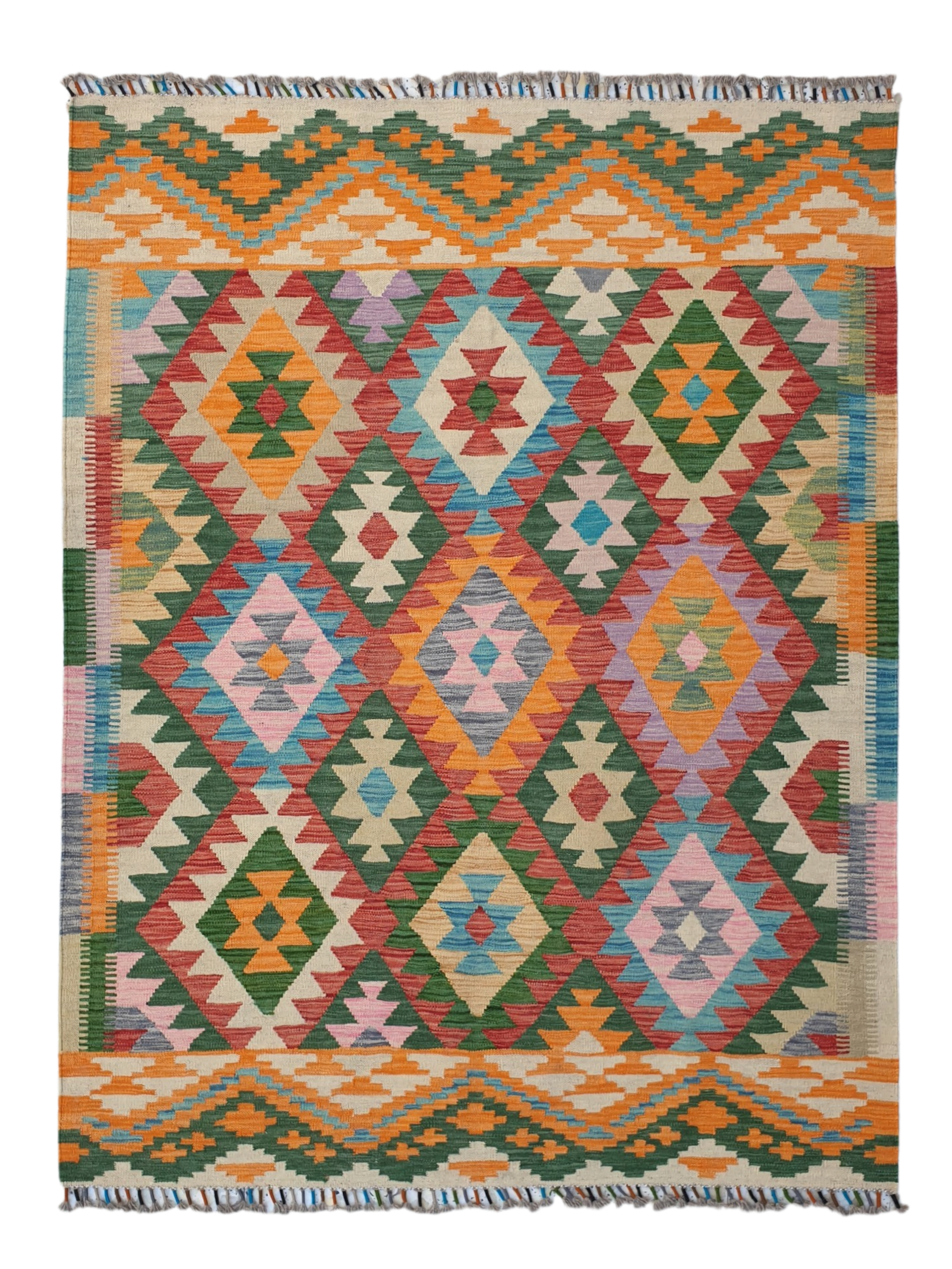Tapis Kilim Géométrique 204x156 multicolore tissé en laine