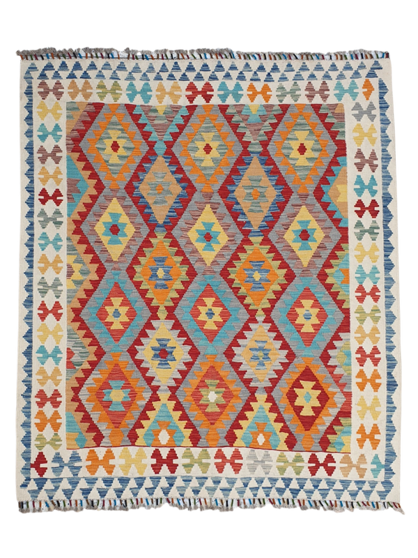 Tapis Kilim Géométrique 190x159 multicolore tissé en laine