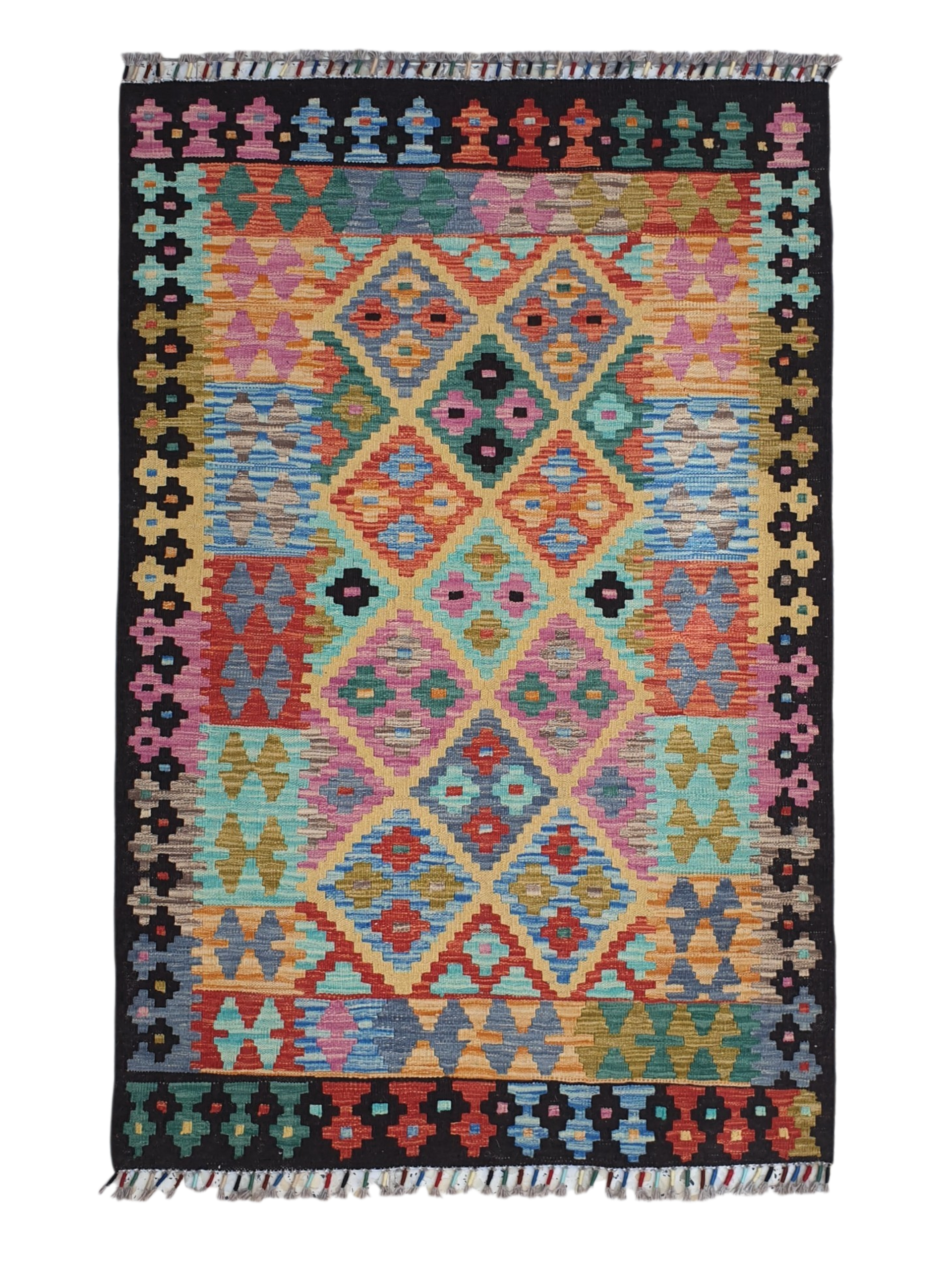 Tapis Kilim Géométrique 160x106 multicolore tissé en laine