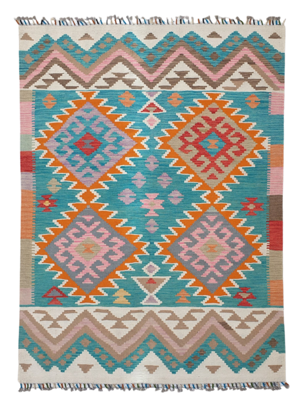 Tapis Kilim Géométrique 200x149 multicolore tissé en laine